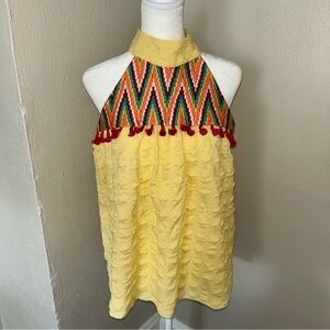 THML Yellow Gingham Halter Dress with Multicolor Trim